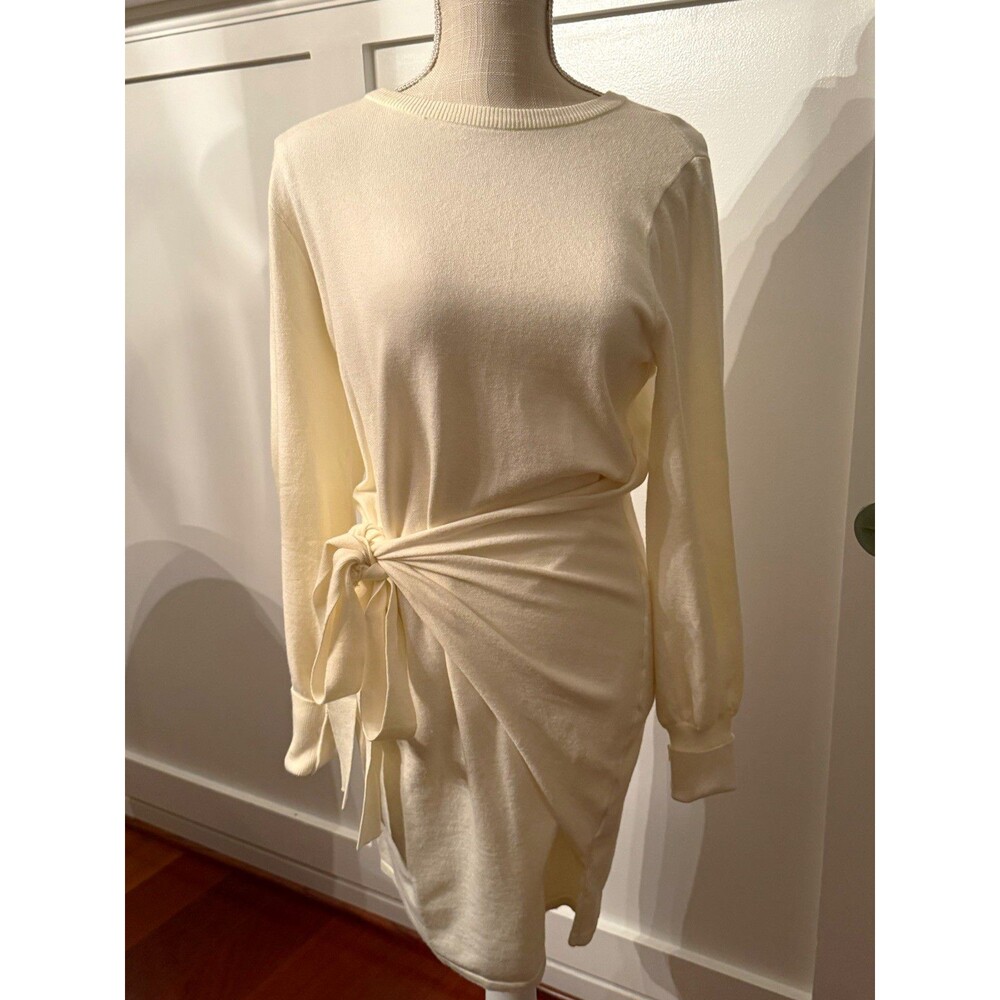 ZCSIA Ivory Crew Neck Long Sleeve Knit Sweater Dress Tie Waist Stretch Sz S NWT